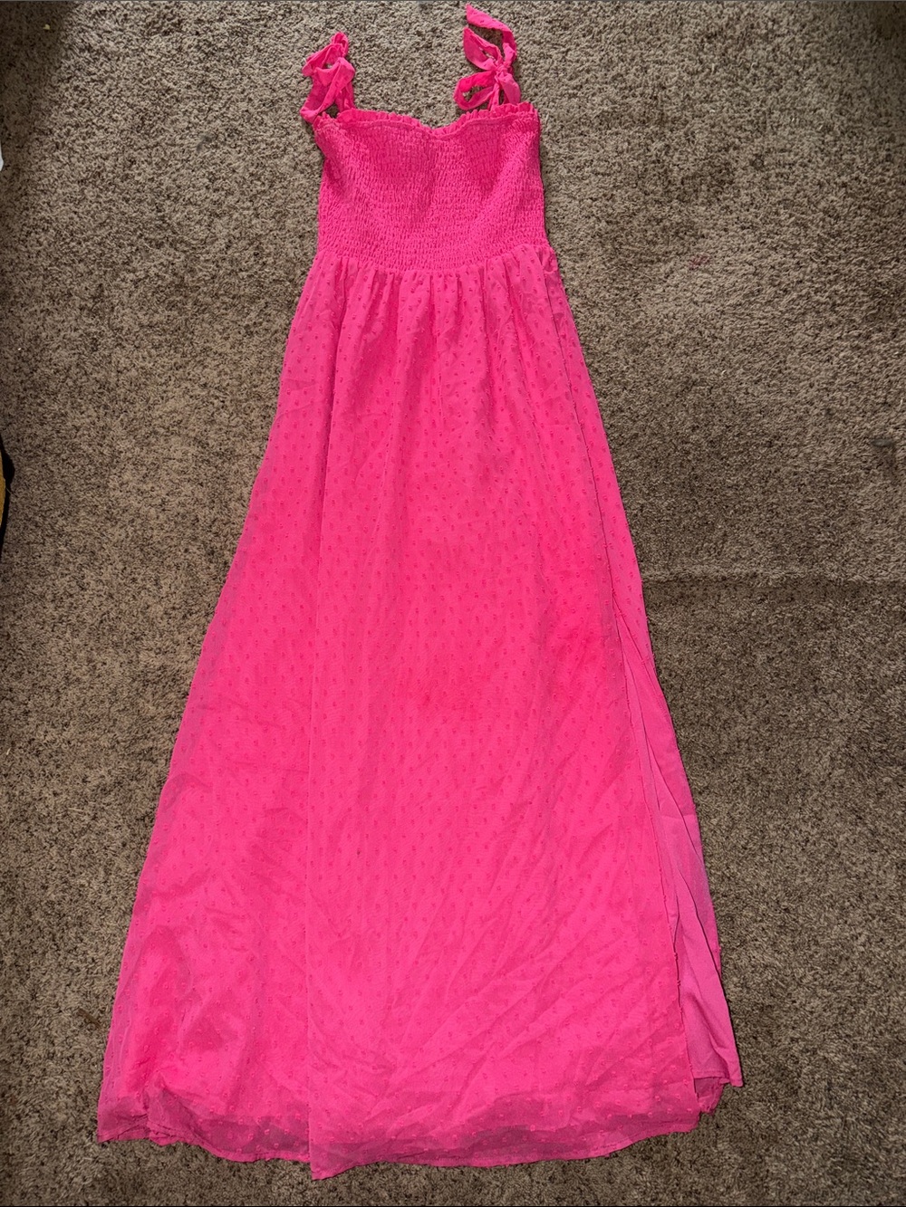 Tie-Shoulder Hot Pink Maxi Dress with Smocked Bodice